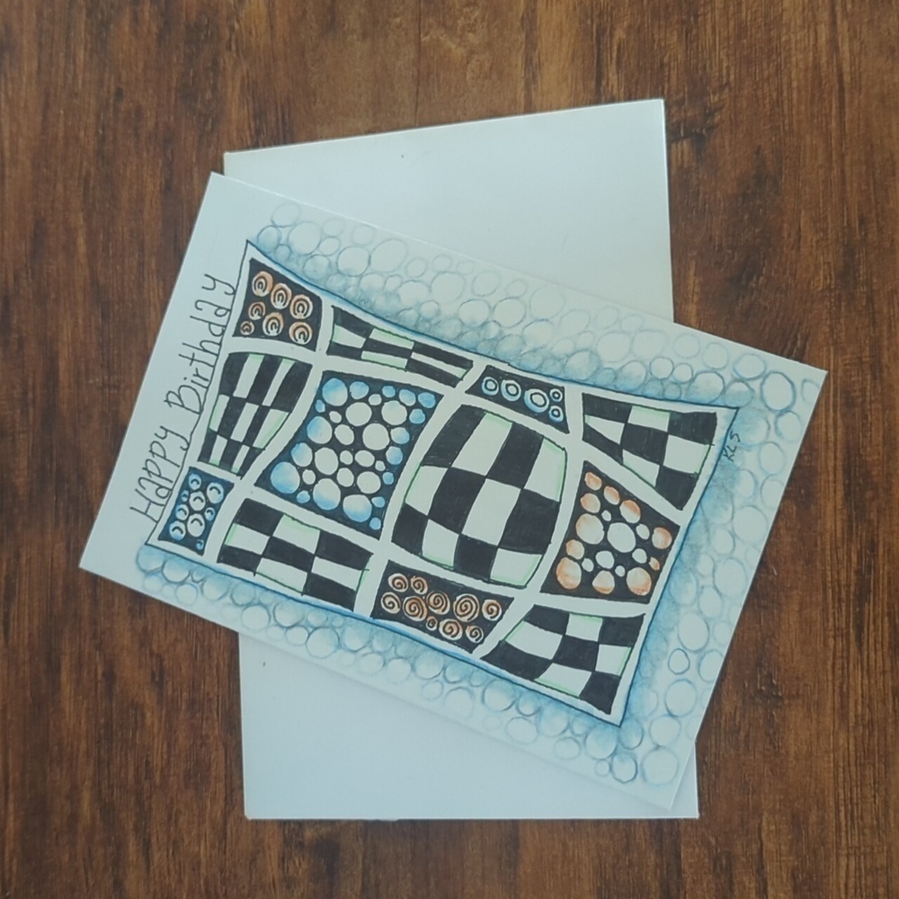 🌻 5/$20 Handmade Checkered Zentangle Card- Blue, Orange & Black-Birthday Card